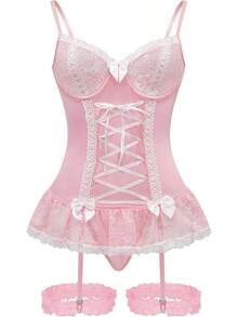 Sheer Mesh Corset Lace-Up Garter Belt Babydoll Lingerie Set - Pink - View 1