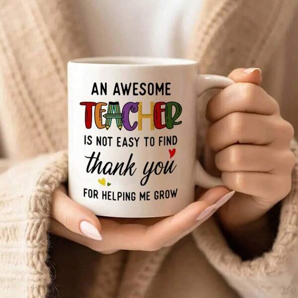 1pc 11oz Teacher Appreciation Ceramic Coffee Mug - "Thank You For Helping Me Grow" Porcelain Cup,Insulated ,Reusable,Water Bottle,Outdoors,Camping,Summer And Winter Drinking Utensils,Perfect For Hot Cold Drinks, Hand Wash Only,Mother's Day And Father's Day,Gift For Birthdays,Perfect For Home Office Use,Tea Cup,Wedding,Graduation,Easter Cup For Wife And Husband,Boyfriend And Girlfriend,Boss Employee Co-Worker Back To School