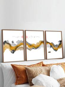 Juego de 3 piezas, con/sin marco, pintura impresa de alta calidad, estilo moderno, paisaje chino, elementos de tinta, líneas abstractas, amanecer y atardecer, pájaros, barcos, el sol, montañas, póster artístico, decoración de hogar, pintura decorativa, adecuado para sala de estar, sofá, cama, pasillo, dormitorio, baño, oficina, regalo artístico perfecto