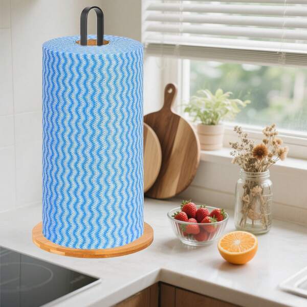 Soporte para toallas de papel de madera para encimera de cocina, soporte para toallas de cocina independiente con base antideslizante para baño, soporte independiente para toallas de papel de encimera con base de bambú natural y poste de metal gris duradero del organizador de cocina ahorrador de espacio para rollos estándar y extra grandes
