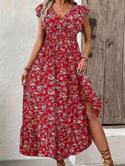 Plus Size Women's Spring/Summer Floral Print V-Neck Vacation Style Ruffle Sleeve A-Line Dress