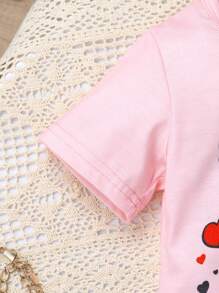Set de 2 piezas, Conjunto adorable para niñas, de tela suave, transpirable y cómoda, con estampado de personajes de dibujos animados en la parte superior de cuello redondo y manga corta, y pantalones largos con gráfico de corazón, adecuado para uso casual, diario, vacaciones y fiesta