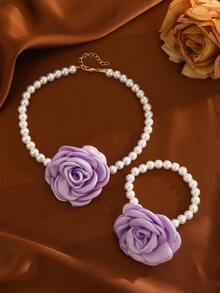 2pcs/Set Girls Pearl Beaded Flower Necklace & Bracelet Set