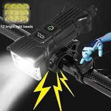 Luz Frontal de Bicicleta com 12 LEDs, Material ABS de Alta Luminosidade, Lanterna para Uso Externo, Alto-Falante Embutido e Visor Digital, 5 Modos de Iluminação, Suporte Rotativo 360°, Luz de Bicicleta Segura para Uso Noturno