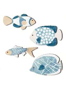 4 Peças Conjunto de Decoração de Parede de Peixes de Madeira, Decoração Costeira, Decoração Náutica Suspensa de Madeira, Decoração de Parede Suspensa para Banheiro, Decoração de Ambiente, Decoração de Verão para Casa, Praia