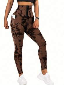 Women's Sport Casual High Cinched Waist-Dye Cinched Waist Button Pocket Leggings, Workout Running Fitness Pants, New Spring/Summer Elastic Skinny Yoga Tights - 棕色 - 查看 3