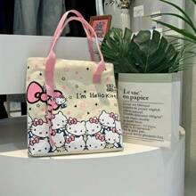 Sanrio 1 Stück Hello Kitty Kosmetiktasche Damen Große Kapazität Einkaufstasche, Reise-Schultertasche, Große Kapazität wiederverwendbare Einkaufstasche faltbar, Damen Segeltuch Tragetasche mit Uhrenarmband - Reißverschluss, Polyester Futter