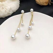 1 pieza de aretes de cadena con perla y borla de estilo minimalista y vintage, aretes elegantes de moda para mujer, aptos para boda, regalo de dama de honor, perla blanca
