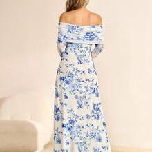 KUTUMAI Women Off Shoulder Bodycon Maxi Dress Long Sleeve Mesh Ruched Party Formal Wedding Guest Dresses - 米色 - 查看 3