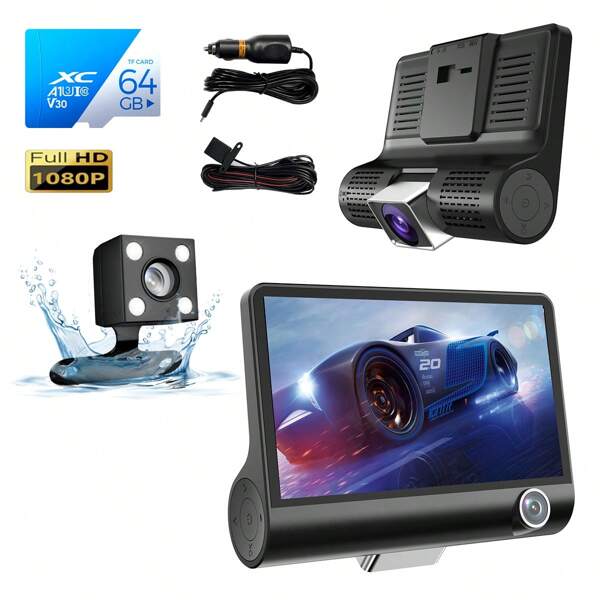 Display Car Dash 4-Inch Camera For Car Accessories, Full HD 3-Channel Video Recorder For Dash Cam Front And Rear, Cabin And Rear, With Night Vision, WDR, G-Sensor, Motion Detection, Includes Backup Rear View Camera (Comes With 64GB Card)