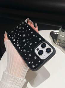 1pc Black Rhinestone Star Design Full Coverage TPU Shockproof Phone Case Suitable For IPhone 16, 15, 14, 13, 12, 11 Pro Max