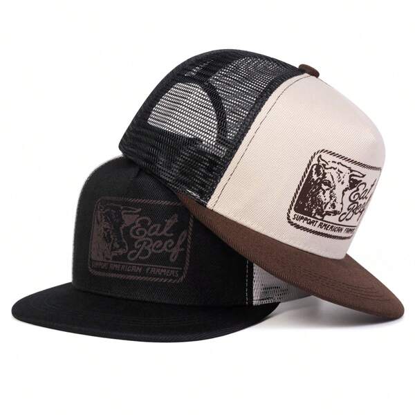 1 pieza Gorra estilo Snapback para hombres con eslogan "Comer carne apoya a los agricultores estadounidenses", gorra de béisbol con letras de estilo, ropa urbana hip hop, casual para exteriores, para viajes de primavera/otoño, vacaciones en la playa