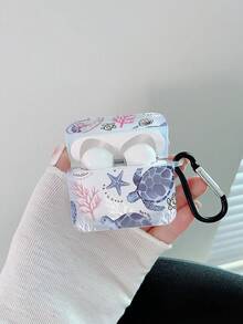 1 件海底世界海龟、海星、珊瑚印花透明耳机盒带挂钩，兼容 Apple 蓝牙耳机（仅盒子，不含耳机）