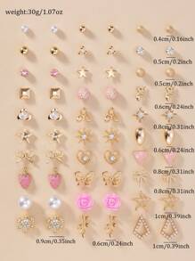 30 Pairs/Set Assorted Metal Faux Pearl Stud Earrings, Cute Minimalist Fashion Designs Including Heart, Rhinestone, Star, Square, Bow, Strawberry, Coconut Tree, Snowflake, Versatile For Daily Wear, Holiday Gift For Women