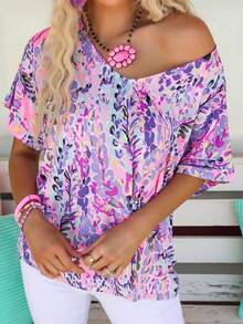 Damen-Lässig-Elegant Rosa Boho-Blume Muster V-Ausschnitt T-Shirt