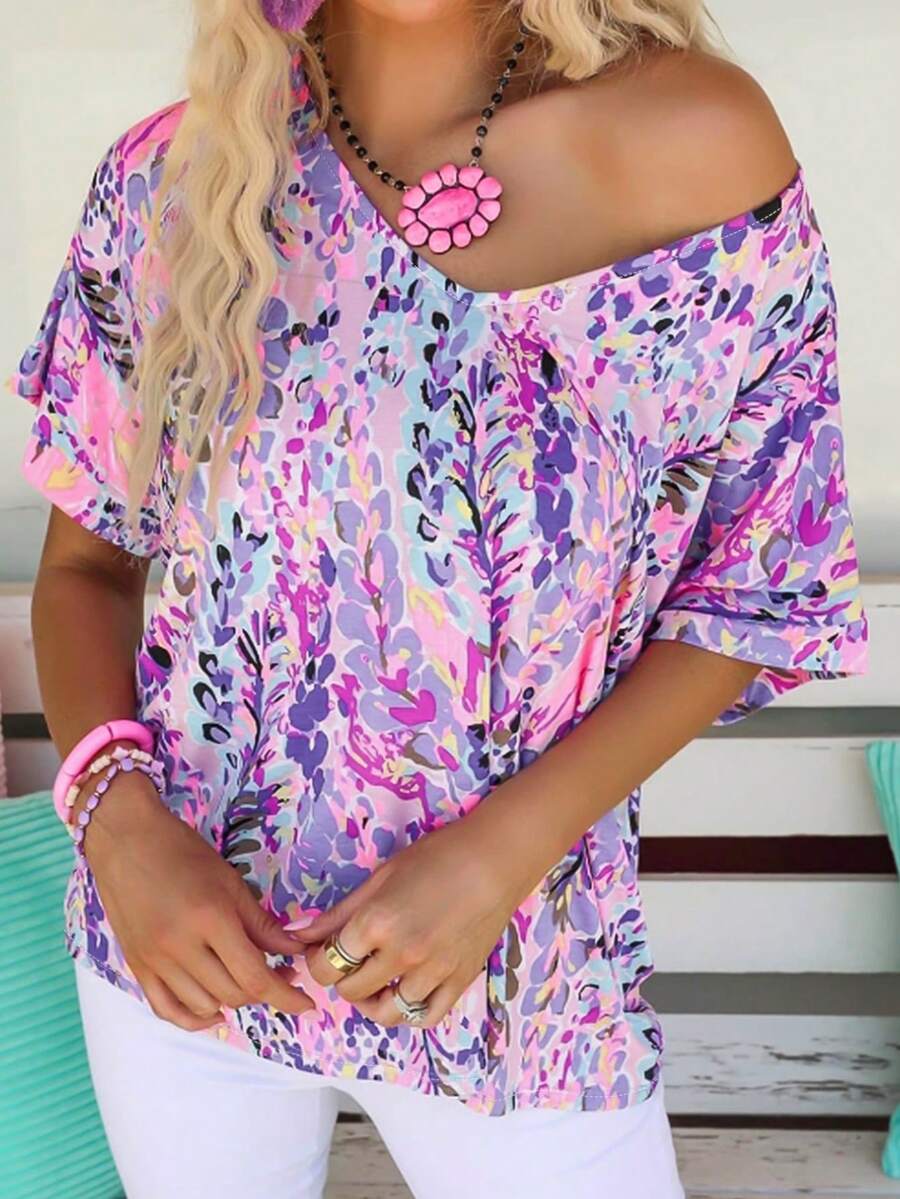 Damen-Lässig-Elegant Rosa Boho-Blume Muster V-Ausschnitt T-Shirt