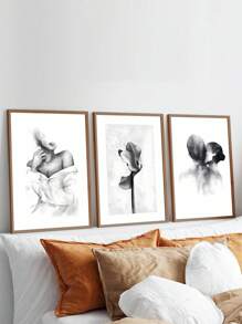 3Pcs/Set, Optional Frame, High Quality Print Painting, Modern Style, Ink Painting Style, Characters, Flowers, Black, White And Gray Tones, Simple Art, Wall Art Poster, Home Decoration, Decorative Painting, Suitable For Living Room, Sofa, Bed, Hallway, Bedroom, Bathroom, Office, Perfect Art Gift