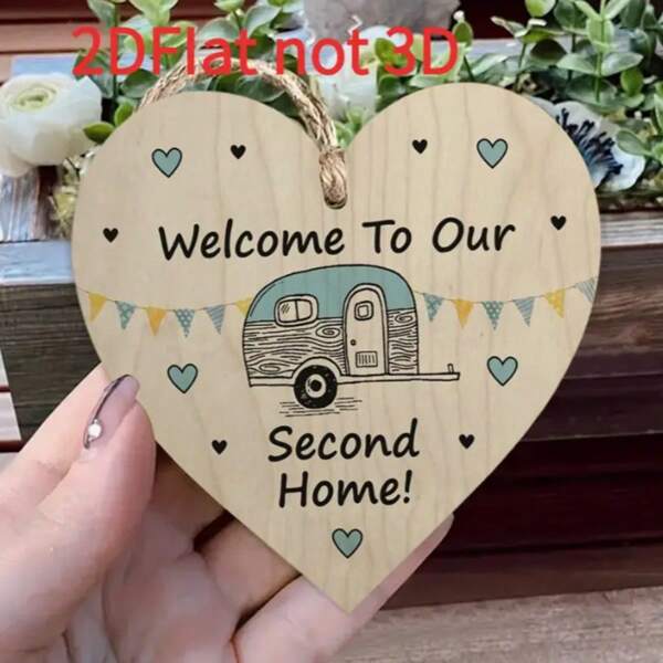 2D flaches vintage Holz Landhaus Herzförmiges Willkommensschild mit retro Wohnmobil Design, geeignet für Veranda oder Eingangsbereich, keine Stromversorgung erforderlich, perfektes Geschenk für Camping Fans, Camping Dekorationsbanner | Künstliches Holz Hängeschild geeignet für 11 Feiertage, 2D flach