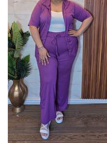 Plus Size Casual 3-Piece Set Includes Top, Pants, And Button-Down Shirt. - 紫丁香色 - 查看 2
