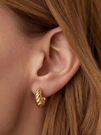 1pair Stainless Steel Smooth Golden Color Earrings For Women