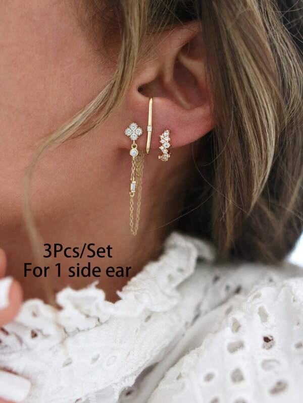 Set de 3 piezas (para 1 oreja) de pendientes de aro de mujer con circonita cúbica enchapada en oro de 18 quilates de lujo