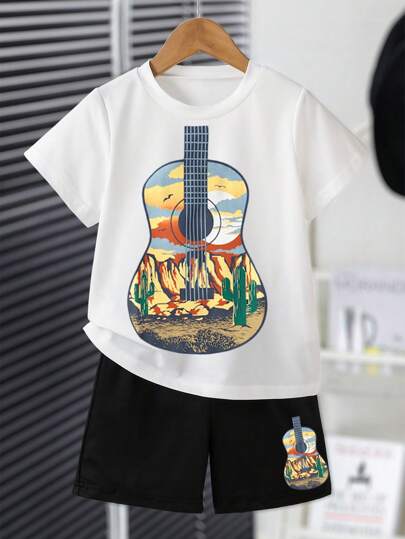 2 pièces Ensemble t-shirt à manches courtes léger et respirant avec motif de paysage occidental de guitare et short de sport assorti pour garçons bambin, tenue d'été