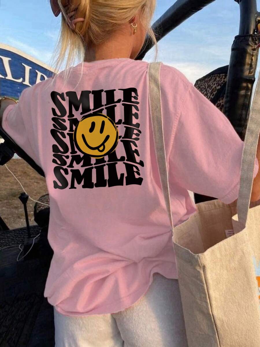 1 Peça Camiseta de Manga Curta de Gola Redonda com Estampa Facial Casual para Meninas Pré-Adolescentes, Camiseta de Verão para Estudantes Jovens - Camiseta com Design Artístico que Inspira Imaginação e Autoexpressão