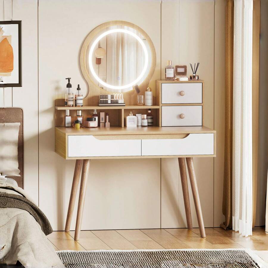 Vanity Desk With LED Lighted Mirror-3 Color Models,Makeup Desk With 4 Drawers And 3 Open Shelves ,Dressing Makeup Table For Home Apartment - View 1