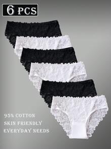 6pcs Elegant Solid Color Panty Lace Trim Briefs Underwear Set For Women