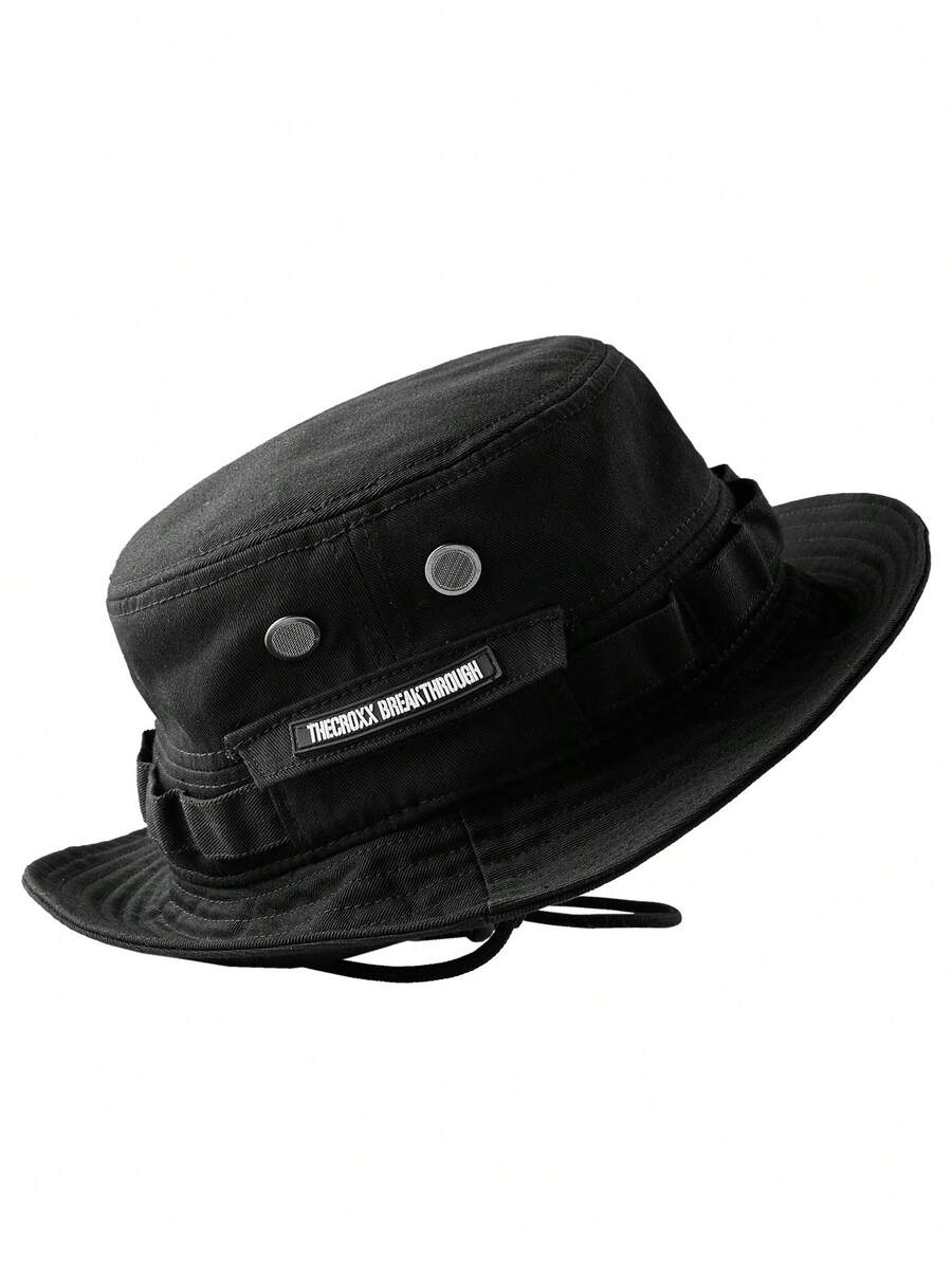 Sombrero de cubo negro de moda urbana techwear para hombre con cuerdas ajustables - Negro - Ver 1