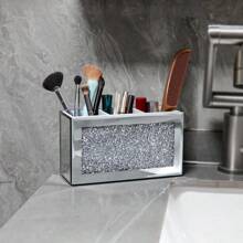 Silver Makeup Brush Holder Organizer Bling 3 Slot Crushed Diamond Crystal Mirrored Cosmetic Brushes Storage Eyeliners Eyebrow Pencil Display Case