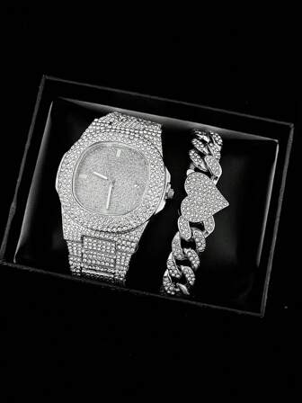 2pcs/Set Gorgeous Women's Alloy Steel Strip Quartz Watch With Date Function Inlaid Rhinestone Heart Alloy Bracelet Full Rhinestone Bracelet Watch Set