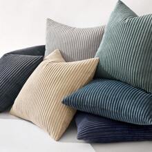 1/2pcs Navy Blue Corduroy Striped Decorative Pillow Case, Sofa Cushion Cover, Office, Living Room Decor