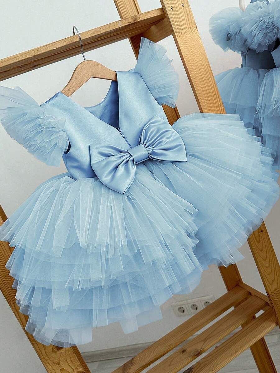 女婴蝴蝶结盖袖浅蓝色优雅公主薄纱连衣裙，适合作为 1 岁生日礼物、宴会、派对、庆祝活动 - 淺藍色 - 查看 1