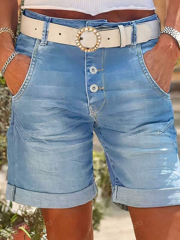 Pantalones cortos vaqueros elegantes de talla grande para mujer, de color liso, con dobladillo deshilachado, elástico y con 5 botones