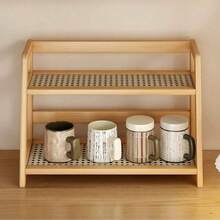 Estantería de almacenamiento tejida en ratán color crema, organizador de escritorio de 2 niveles para tazas, menaje de cocina, dormitorio - Multicolor - Ver 1