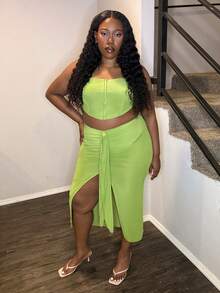 Truni Awkwardfatgirl Plus Size Women's Strapless Top & High Waist Ruched Skirt With Ruffle Hem For Elegant Summer Date, 2-Piece Set, For Pear Triangle Body Shape - Green - View 5