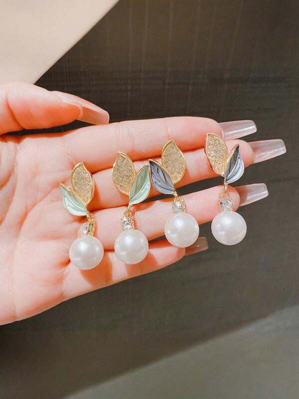 1 pieza Nuevos pendientes de hoja y perla con rhinestones para primavera/verano, pendientes de princesa elegantes y de lujo, pendientes colgantes de perla cultivada con hoja de diseño único, adecuados para uso diario, eventos y regalos para mamá y novia