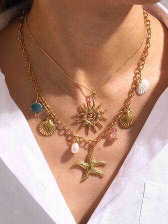 1 件波西米亚海洋风格创意时尚优雅淡水珍珠海星贝壳天然石太阳钛钢项链女士姐妹情侣舞会毕业珠宝礼物适合日常约会派对节日礼物夏季海滩度假穿着便宜商品