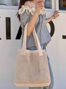 1pc Fashionable Knitted Tote Bag, Mesh Beach Handbag For Summer Vacation, Boho Knit Bag - Large Capacity Women Shoulder Bag