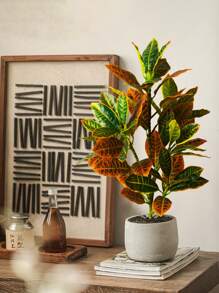 24-41cm Artificial Ficus Tree Branch Fake Garden Croton Plants Desktop Landscape Leaves Plastic Tropical Rubber Tree For Home Garden Kitchen Dining Room Balcony Party Wedding Decoration