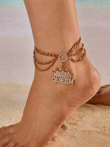 Tropiscape Rhinestone Crown & Letter Charm Anklet Vacay Vibes Vacation Relax Beach Autumn Winter Gifts - Yellow Gold - View 2