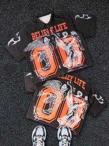 Spring/Summer Men's Fashionable Street Style Black And Red Print Short Sleeve Shirt - Black - View 3