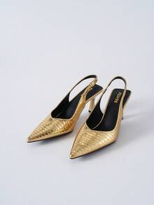 Giày cao gót nữ gót nhọn, họa tiết lấp lánh, thiết kế mũi nhọn và khoét lỗ, quai cài mắt cá chân, quà tặng Giáng sinh mùa đông - Vàng - Xem 5