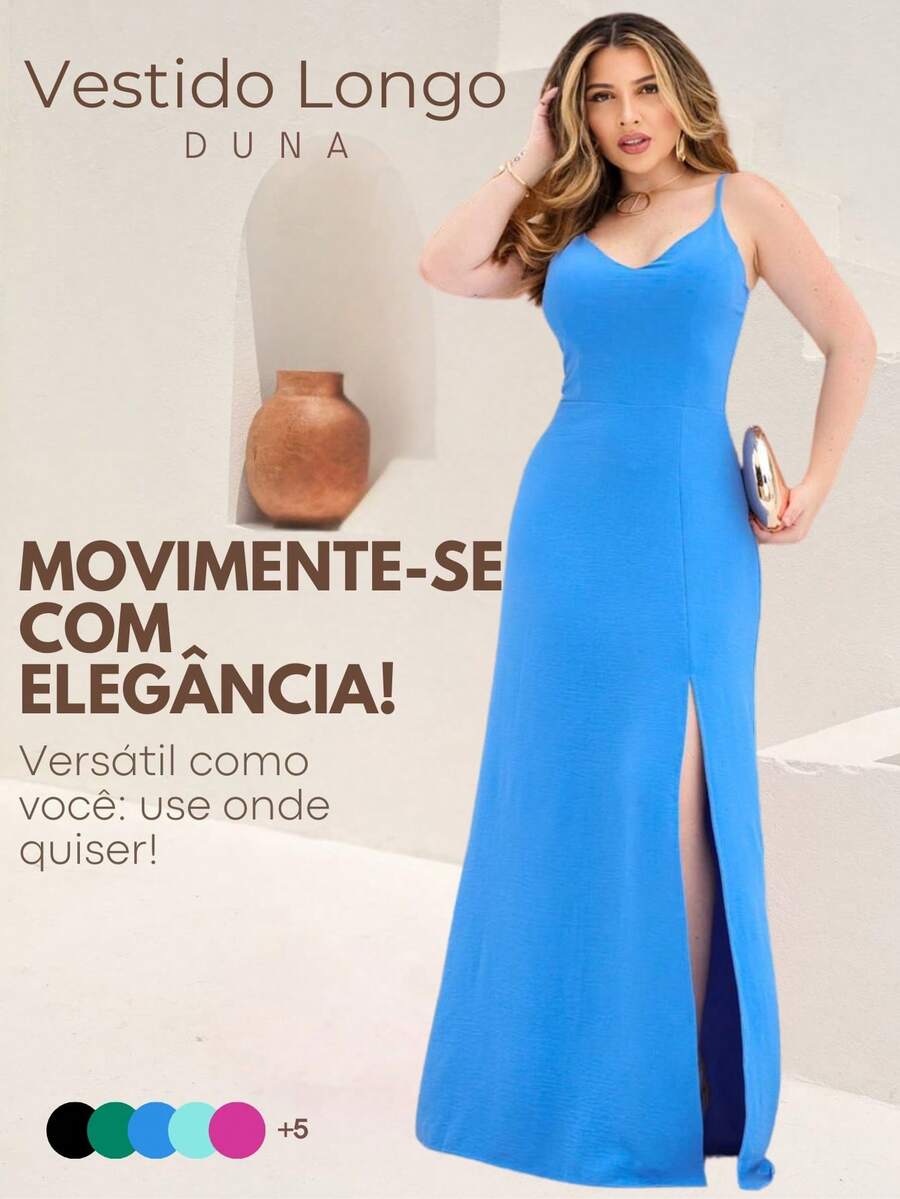 Long Plain Dress With Slit And Adjustable Straps For Wedding Party Bridesmaid Guest - 藍色 - 查看 1