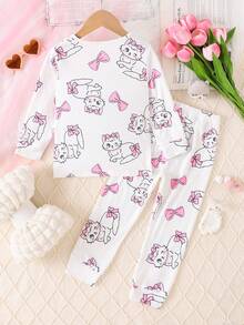 2pcs/Set Girl's Cat & Bow Print Homewear Set, Long Sleeve Round Neck Top And Casual Long Pants - Pink - View 2