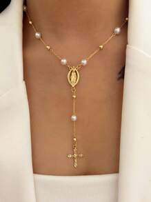 1pc Vintage Cross & Virgin Mary Pendant Y-Necklace With Faux Pearl, Women Accessory For Party And Everyday Wear (Random Pearl Quantity)