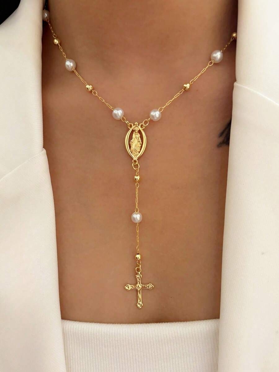 1pc Vintage Cross & Virgin Mary Pendant Y-Necklace With Faux Pearl, Women Accessory For Party And Everyday Wear (Random Pearl Quantity)
