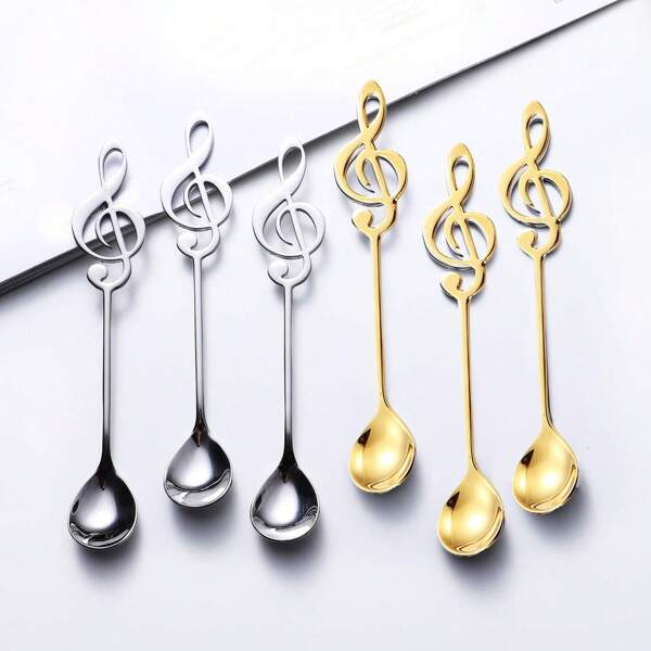 6pcs Musical Note Stirring Spoon, Creative Cute Teaspoons, Stainless Steel Dessert Spoon Musical Note Coffee Drinking Stirring Spoons, Gold Or Silvery Back To School
