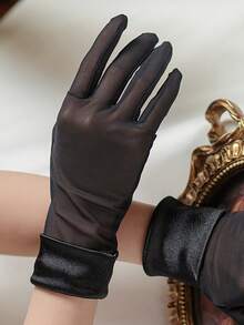 1 Pair High Elastic Satin Trim Bridal Gloves, Suitable For Parties, Dates, Weddings And Other Occasions Autumn Accessories - Black - View 2